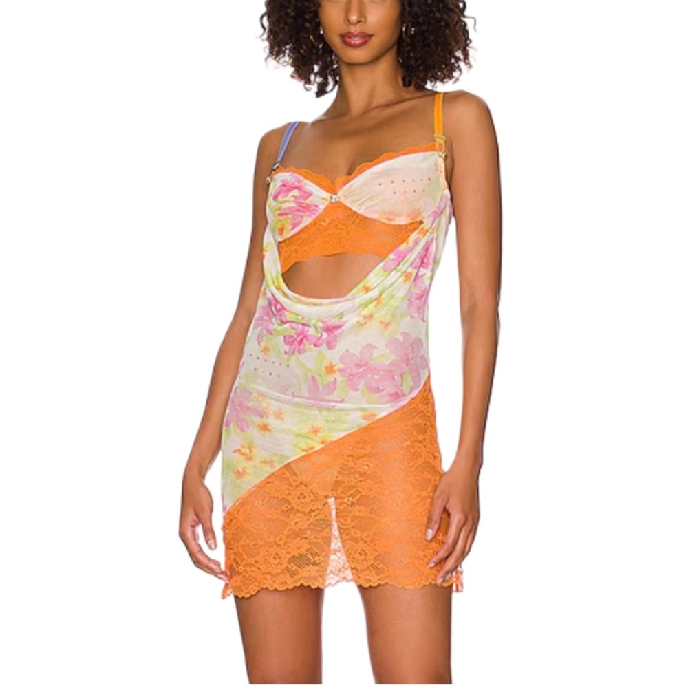 POSTER GIRL Floral Lace Chemise in Orange and Pink